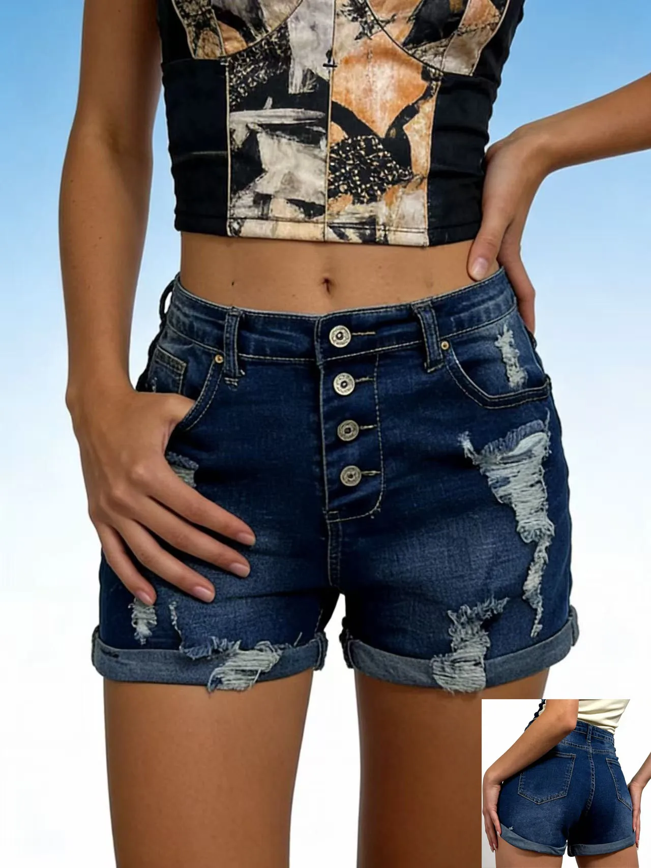 

High Waist Stretchy Ripped Denim Shorts Women's Summer Cowboy Shorts Personality Cuffed Cotton Jeans High Elasticity Slim Fit