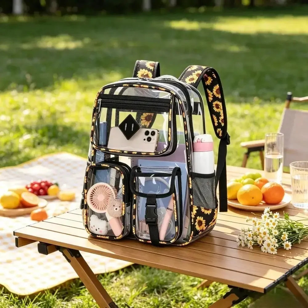 Back To School Heavy R Backpack, Multi-Pocket See-Through Transparent Student Bookbag, Stadium Approved Aesthetic School Backpack