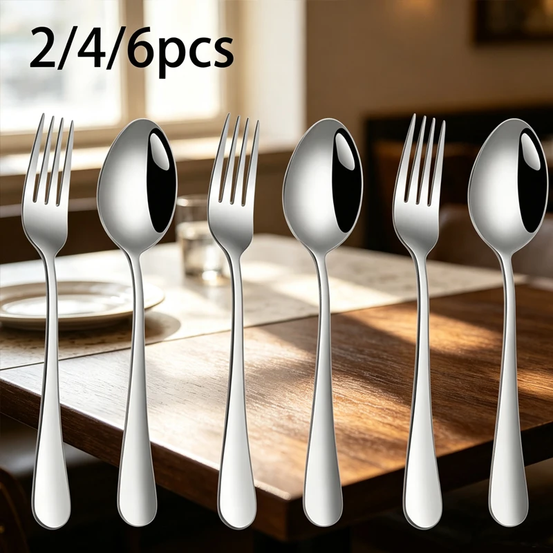 2/4/6pcs1010 Stainless Steel Spoon Fork Set, Simple and Beautiful, Dishwasher Safe and Necessary for Every Household.