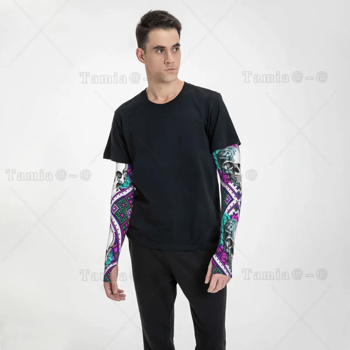 Aztec Rose Skull สีม่วงและ Teal แขนแขนอุ่นผู้หญิงผู้ชาย Day Of The Dead UV Sun Protection Tattoo Cover Up