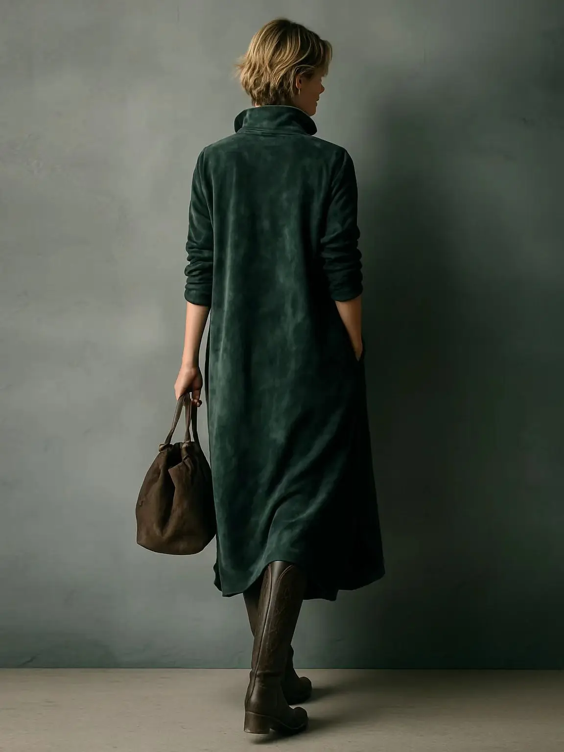 Vintage Solid Suede Female Clothing Autumn Fashion Turn-down Collar Pullover Dress Winter Long Sleeve Woman Party Dress Vestido