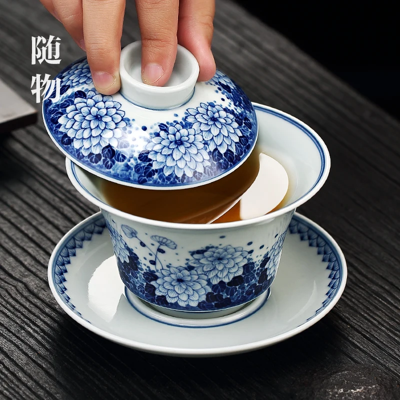 Antique Jingdezhen Cover Blue And White Porcelain Sancai Cup, Tea Bowl, Single Anti Scalding, High Grade