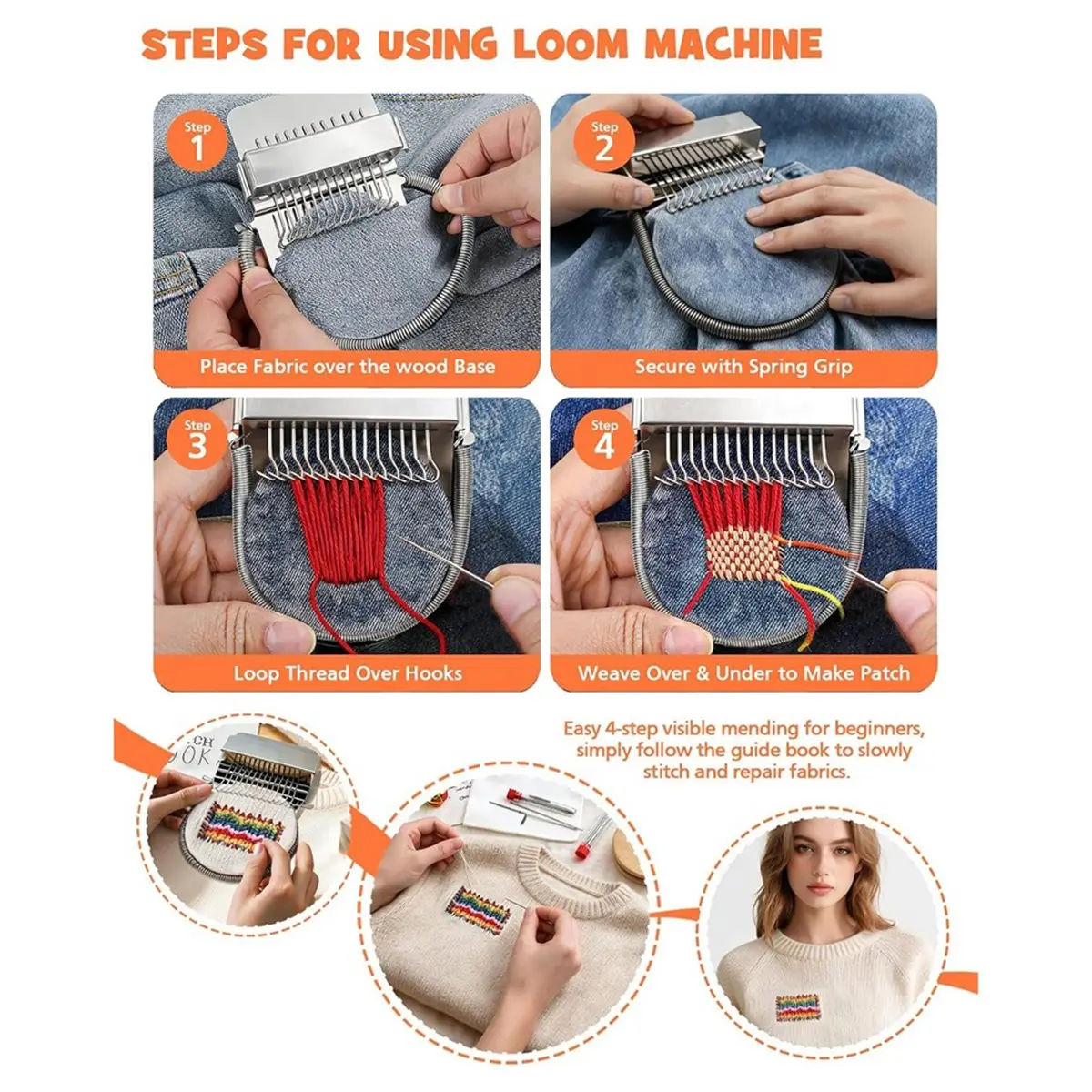 Visible Mending Kit, KnitPatch Darning Kit for Beginners Larger Solid Wood Base Metal Spring Retainer Hooks Needles
