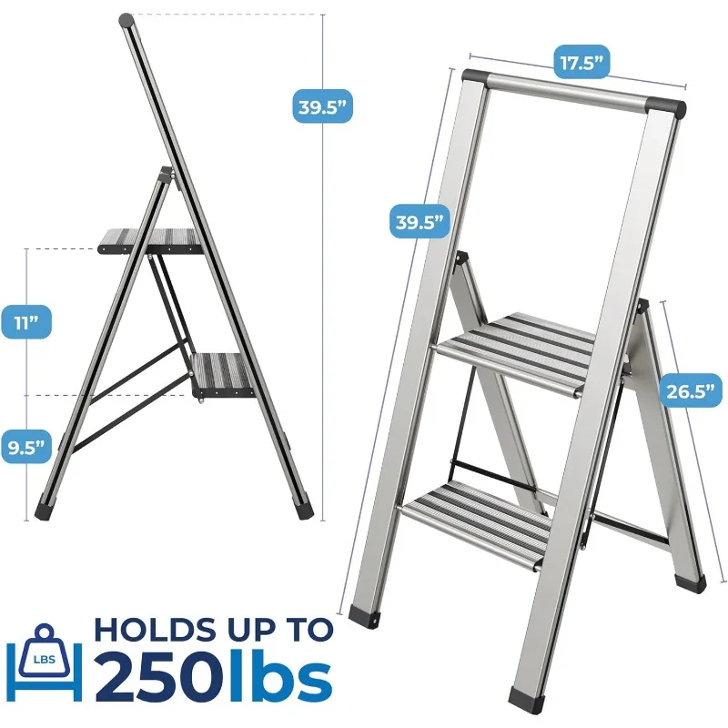 2 Step Ladder Folding, Decorative - Modern Beautiful Aluminum, Ultra Slim Profile, Anti Slip Steps, Sturdy-Portable