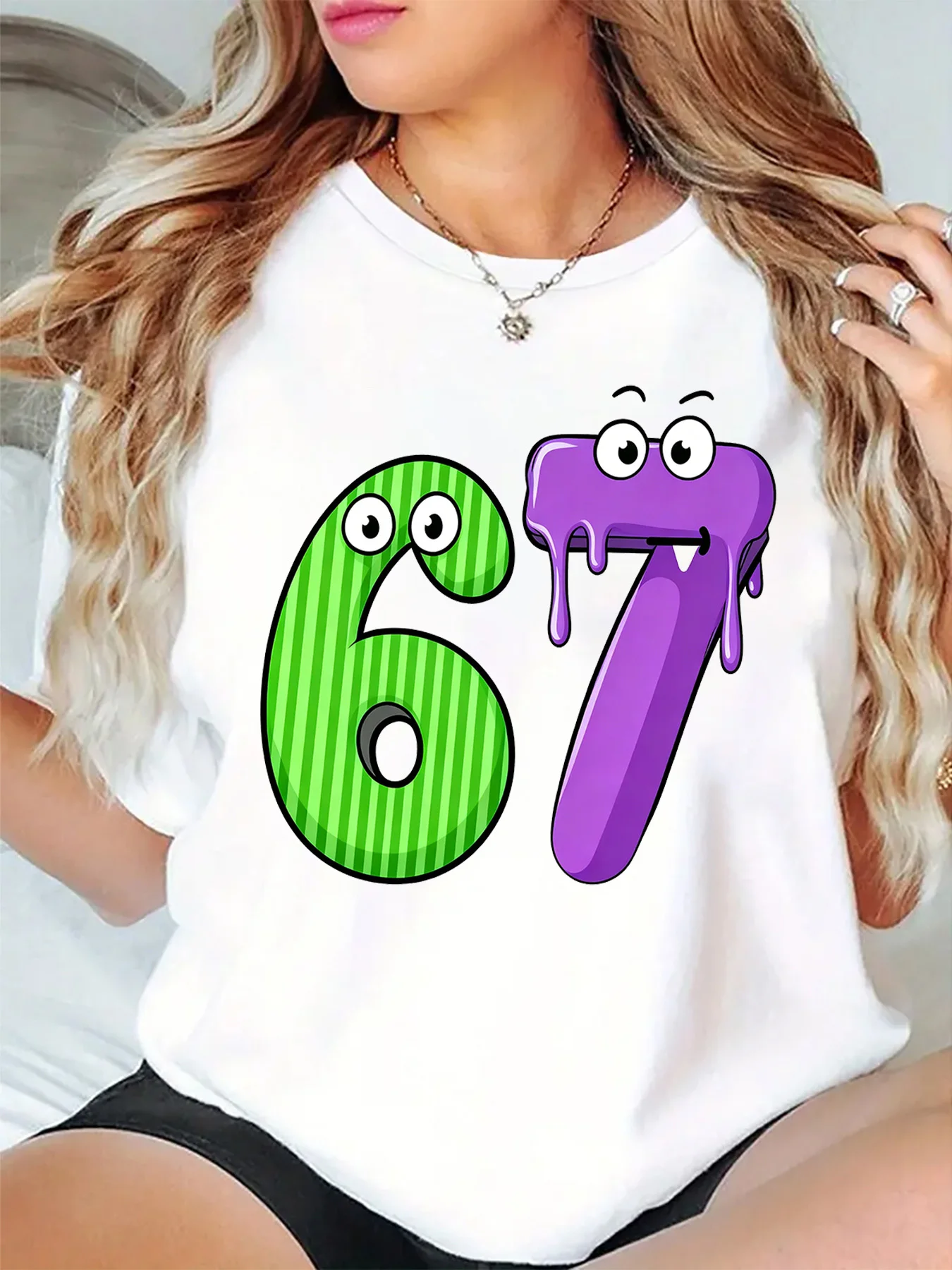 Cute Cartoon Number 67 Funny Eyes Dripping Stripe Art Print Graphic Ladies T Shirt Short Sleeve Crew Neck Casual Tee Tops