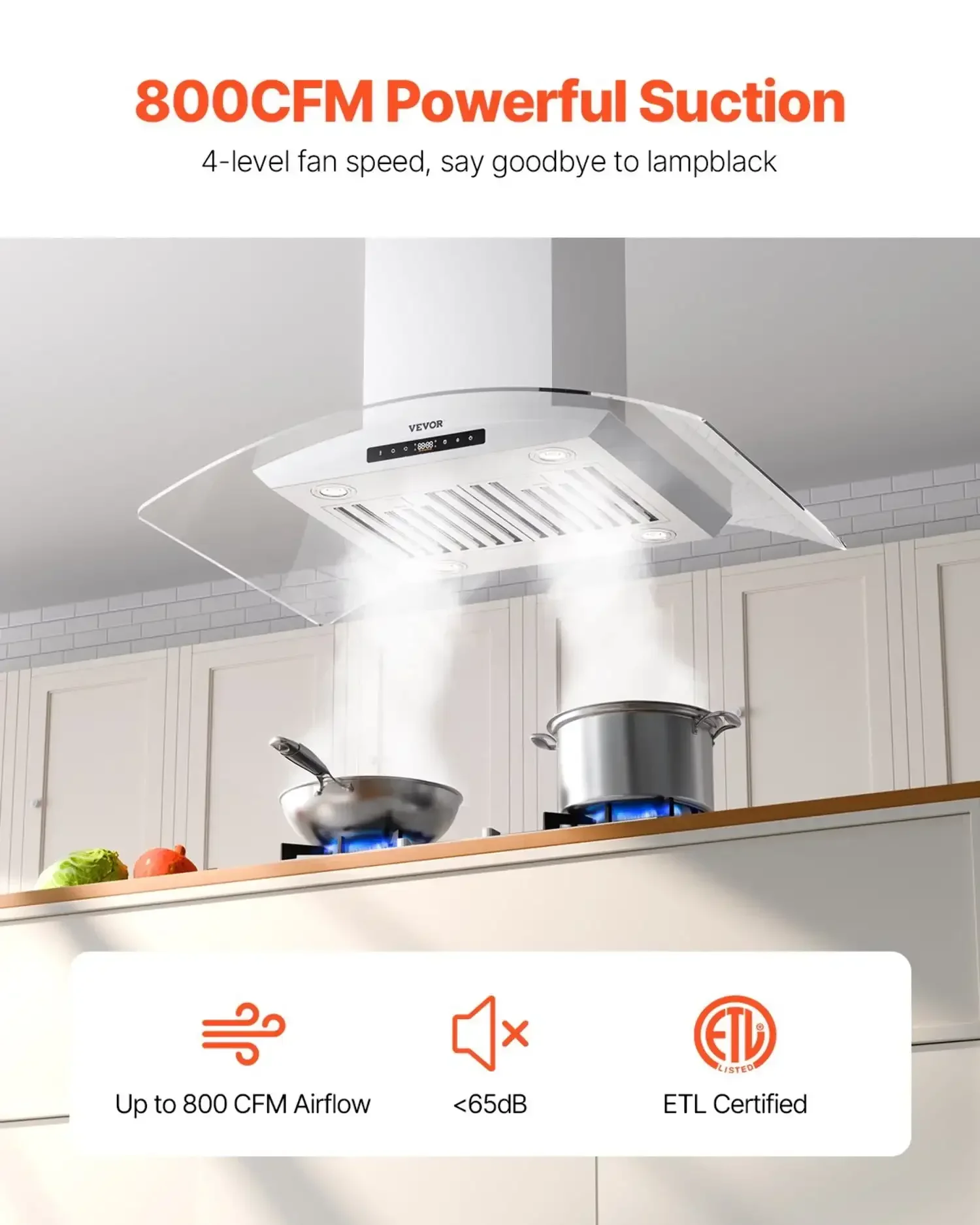 

30" Wall Mount Range Hood Ceiling Mount Vent 800CFM Gesture Touch Control