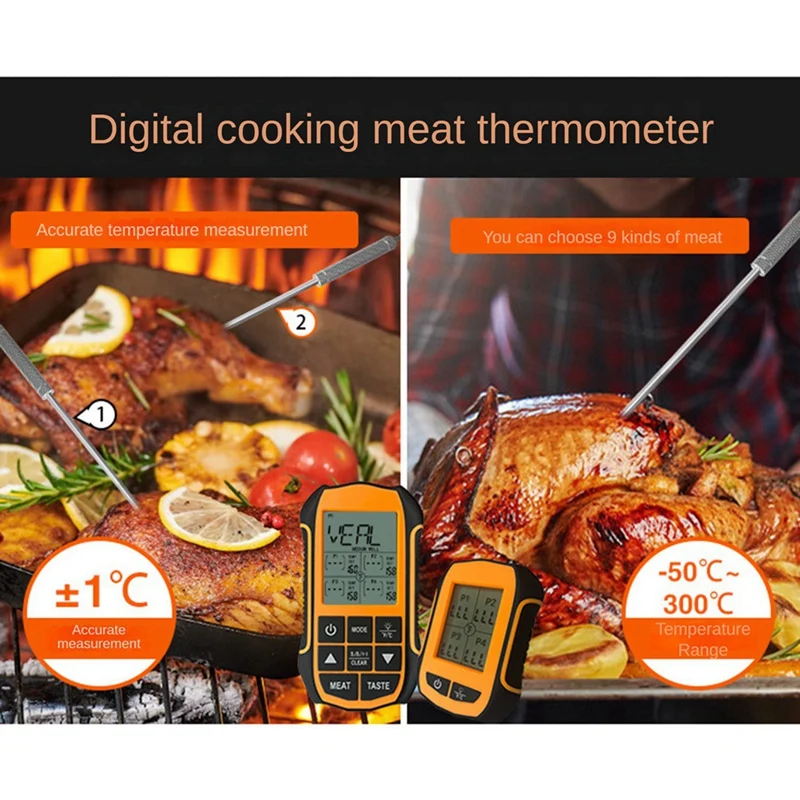 Wireless Smart Safe Grill Thermometer Support 490Ft Wireless Connection For Outdoor BBQ