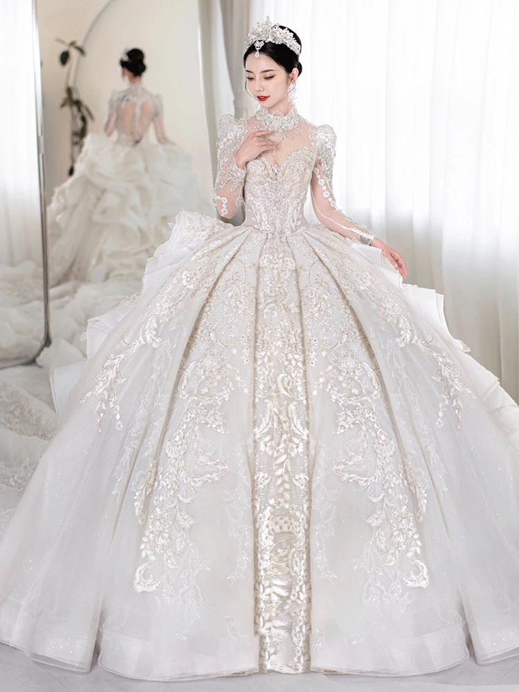 2023 Winter Retro Exquisite Wedding Dress Long Sleeves Vintage Lace Appliques Beading Bridal Gown Plus Size Vestido De Noiva