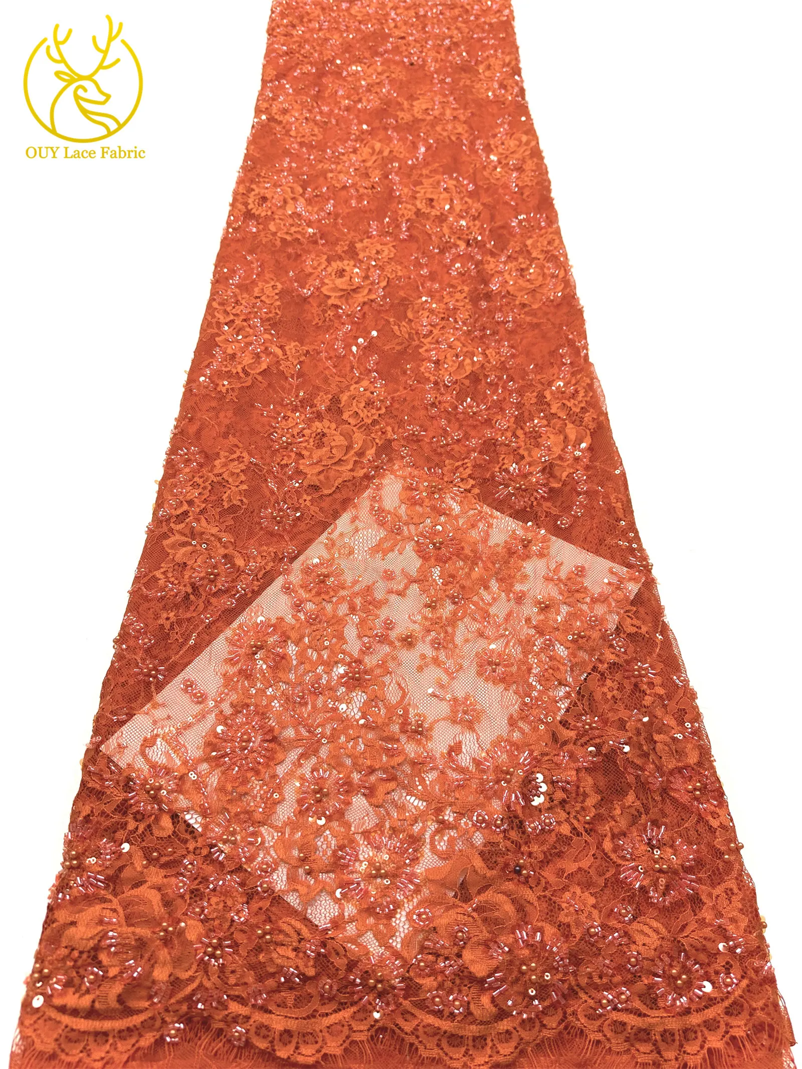 3 Meter exquisiter Perlen-Spitzenstoff, afrikanischer Spitzenstoff mit Pailletten und verstreuten Blumenstickereien zum Nähen von Brautkleidern – Detail 17
