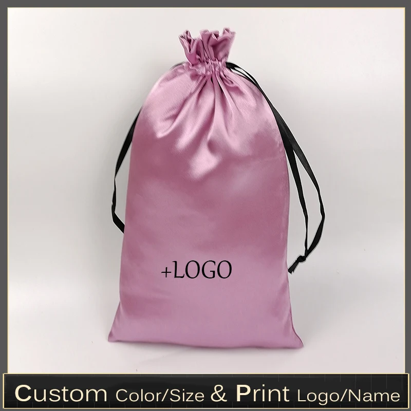 20PCS Custom Logo Silk Satin Hair Packaging Bag Hair Extensions/Makeup/Home Storage/Shoes/Clothes Drawstring Gift Bags 18x30cm