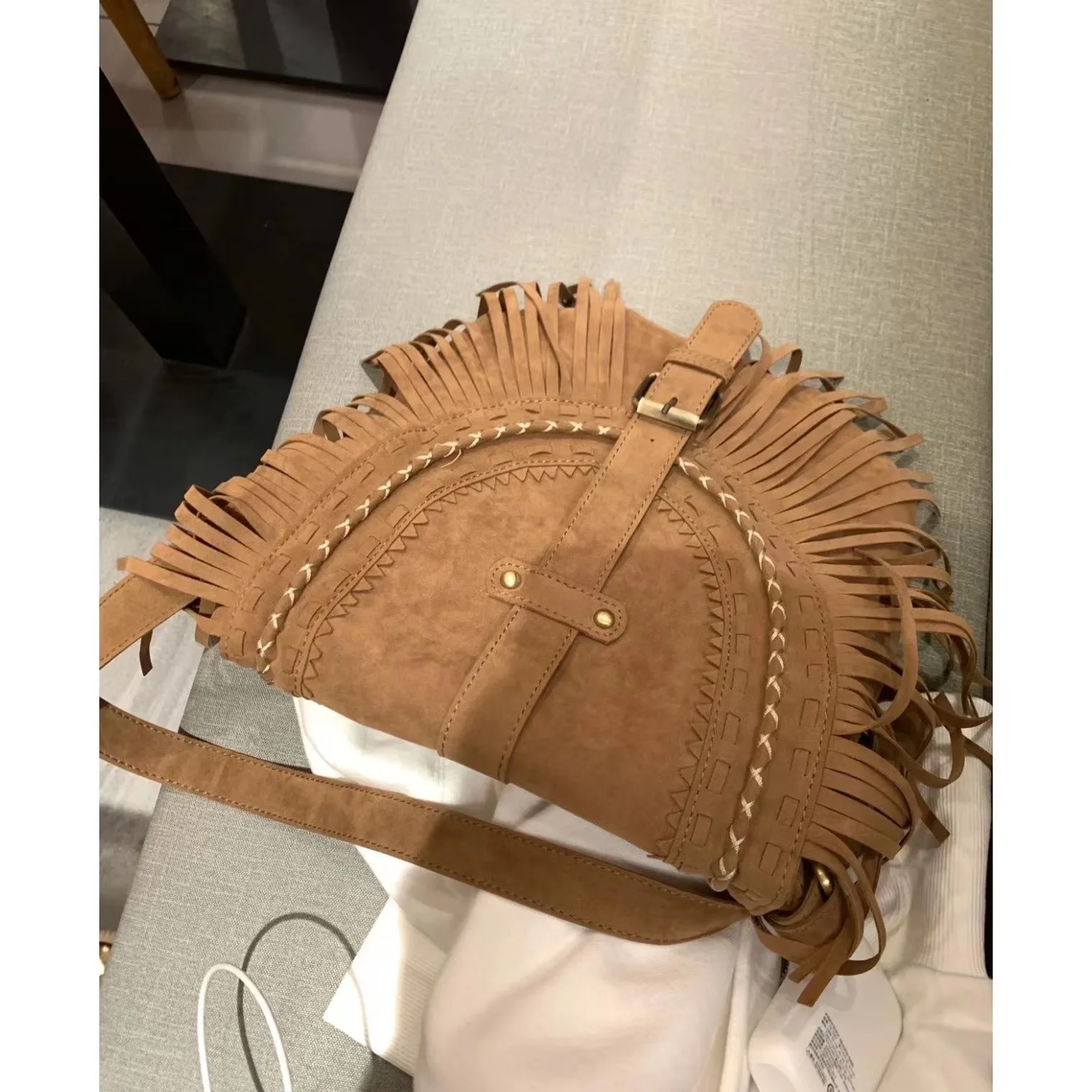 2023 new hand-made suede fringe bag women\'s retro saddle bag fashion trend single shoulder bag crossbody bag