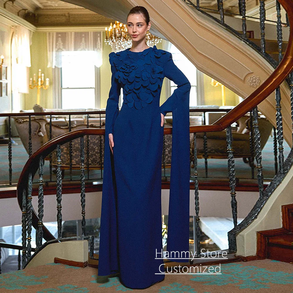 

Modest Arabian Evening Dress Customized High Neck Long Sleeves Flowers Floor Length Straight Saudi Prom Gown Party Dresses
