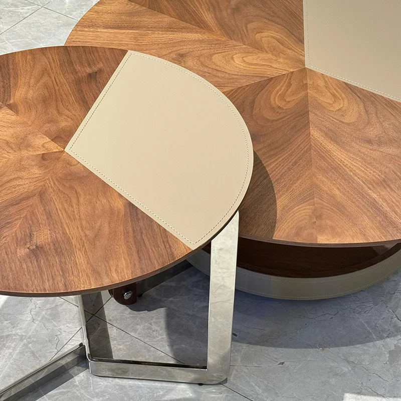 L Saddle leather solid wood double coffee table new  minimalist round combination