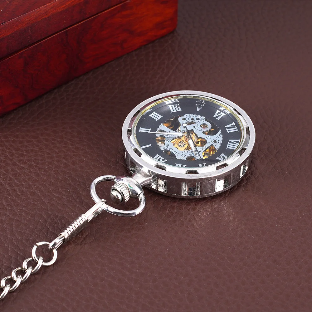 Reloj de bolsillo mecánico redondo de lujo para hombres y mujeres, esfera de números romanos transparentes, cadena Fob negra, reloj colgante para colección
