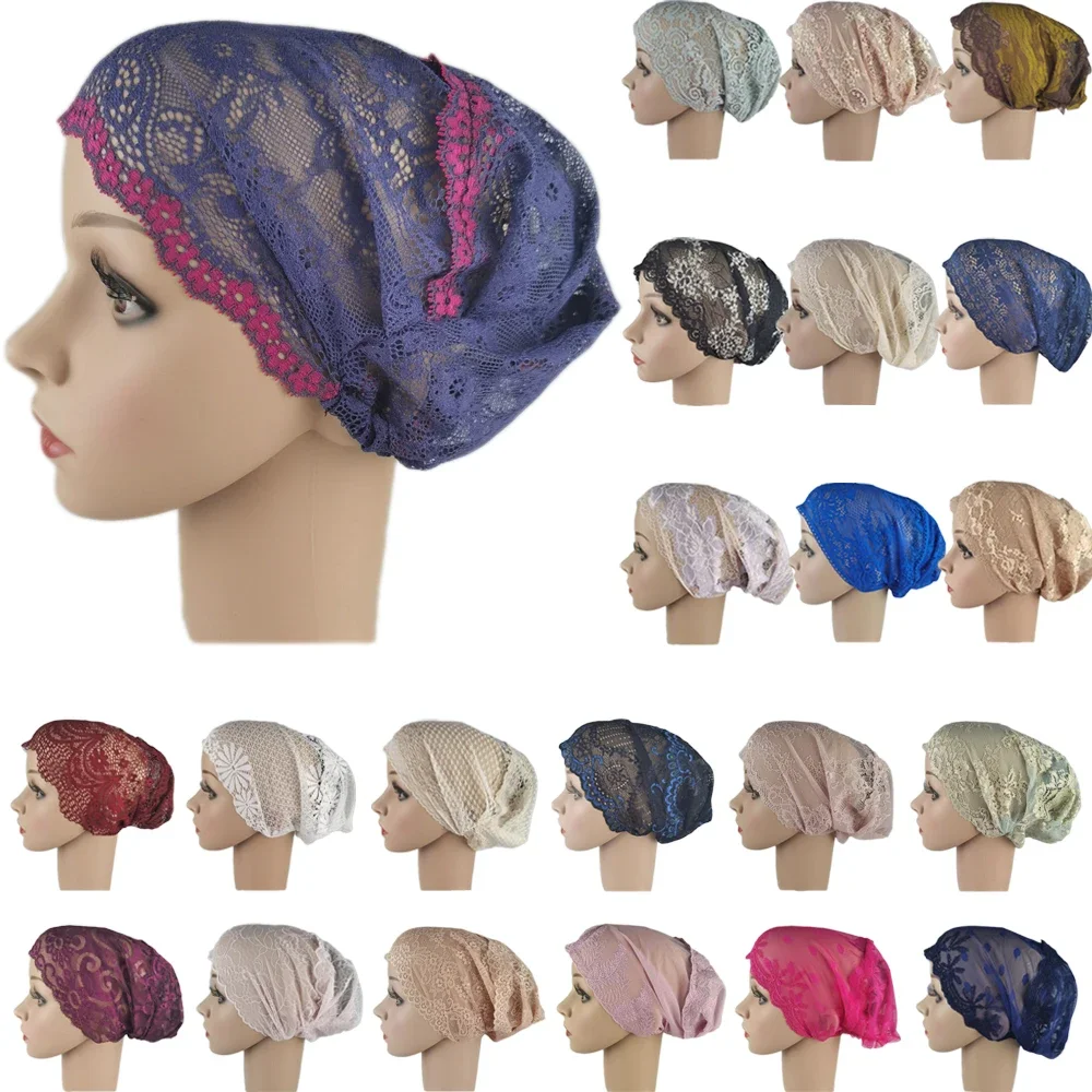 

Women Tube Inner Cap Muslim Flower Lace Headscarf Islamic Headwear Arabic Underscarf Beanie Hat Turban Hair Loss Cover Headwrap