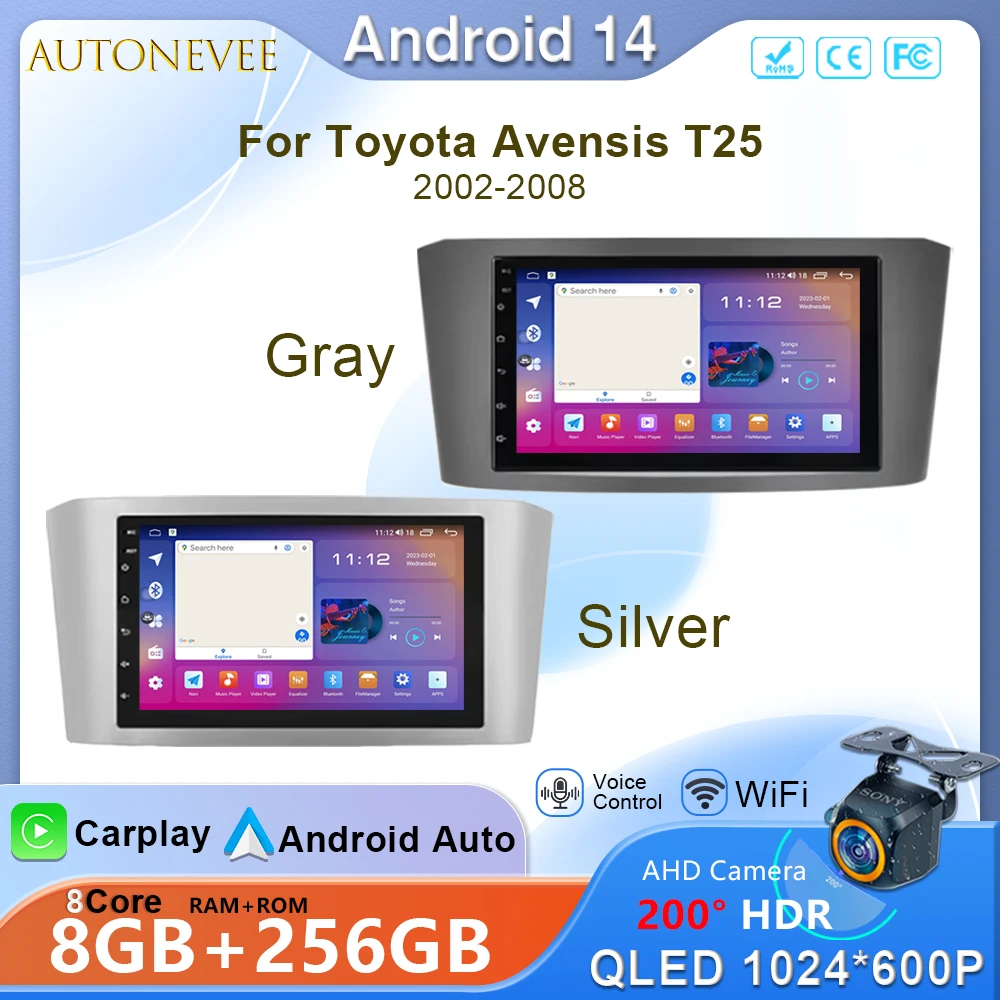 

7'' For Toyota Avensis T25 2002-2008 Android 14 Car Radio Multimedia Video Player Navigation GPS Head Unit Stereo No 2Din 2 din