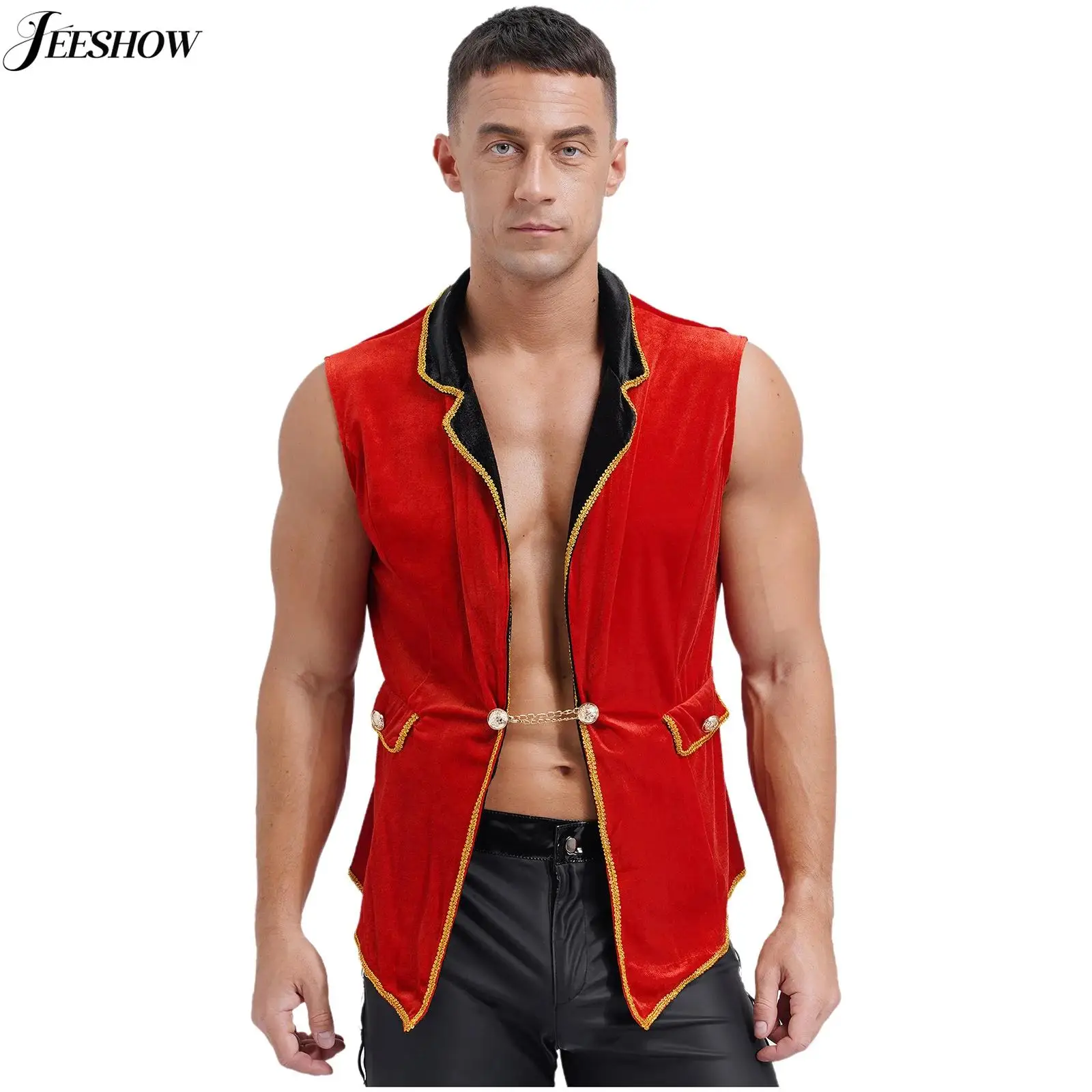 Mens Circus Ringmaster Costume Velvet Waistcoat Lapel Sleeveless Gold Details Tailcoat Jacket Halloween Role Play Fancy Dress