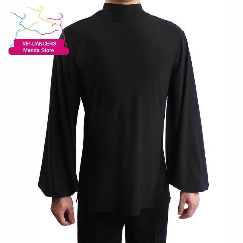 Ropa de baile latino para hombre, Top negro de manga larga con cuello alto, traje de baile de salón estándar, Ropa de baile de entrenamiento masculino VDL3534