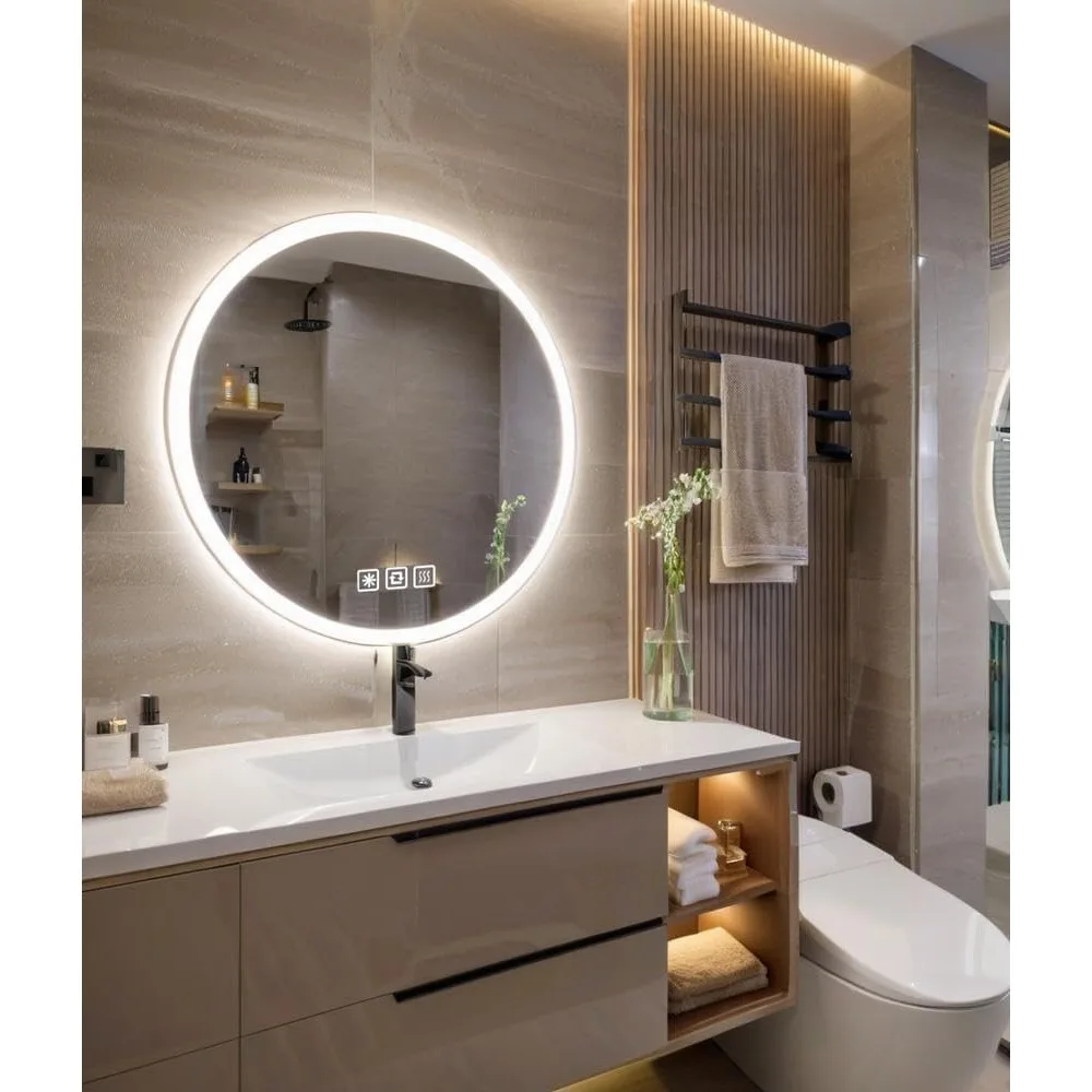 Round 28-inch LED Smart Bathroom Mirror with Circle Lights, Anti-Fog, 3 Colors Dimmable, Front and Backlit, CRI90+