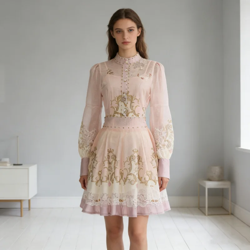 ชุดเดรสวินเทจลายพิมพ์ Ele แบบ 3 ชิ้น เสื้อแขนยาวปกพับกระโปรงทรงบานเอวสูง ผ้ากำมะหยี่