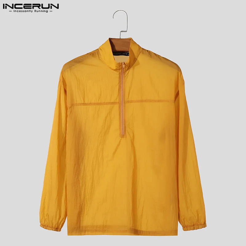 

INCERUN Men Shirt Solid Color Stand Collar Long Sleeve Transparent Zipper Male Sunscreen Shirts Streewear 2025 Thin Tops S-5XL
