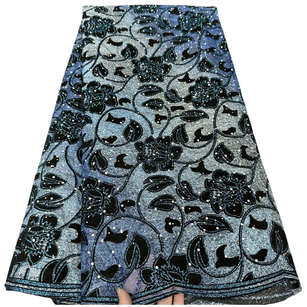 2024 African Nigerian High Quality Tulle Embroidery Party Dress Sequins French Guipure For Sewing Fabric Flocked hz1303 5Yard