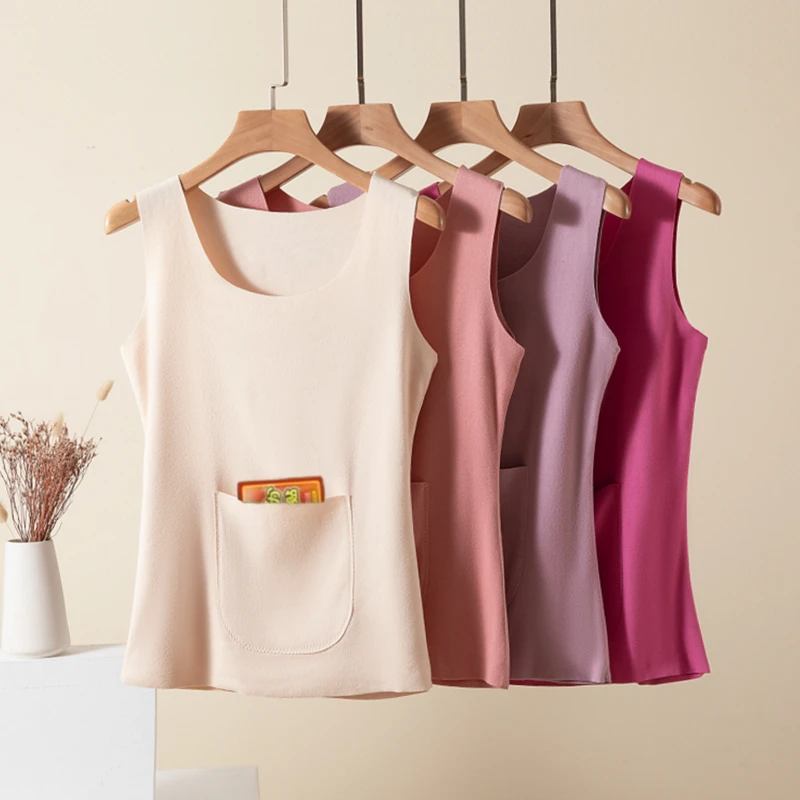 Women's Thermal Fleece Lined Thickened Vest Autumn Clothes Seamless Inner Wear Slim Fit Base Layer Simple Style round Neck