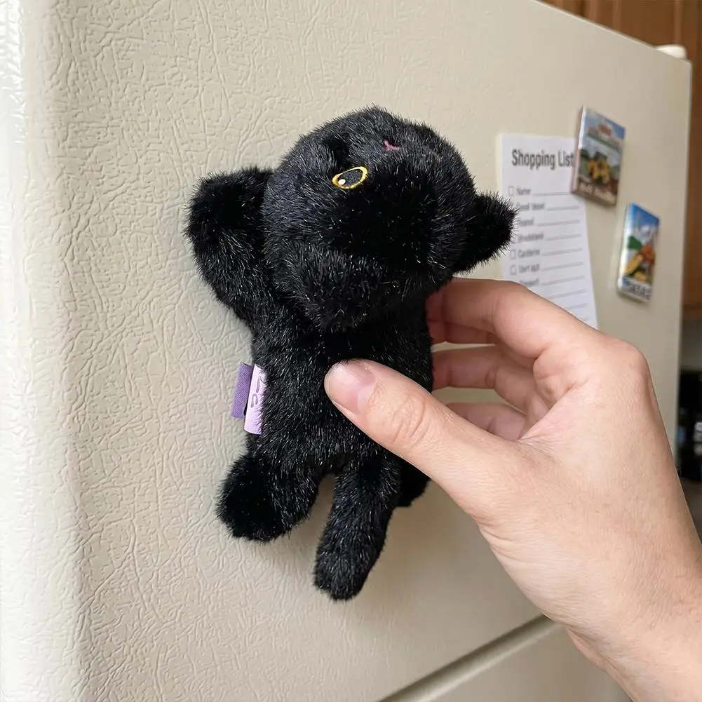 Cute Fluffy Black Cat Fridge Magnet Plush Doll Adorable Lying Kitten Stuffed Animal Toy Desk Companion Plush Ornament Gift