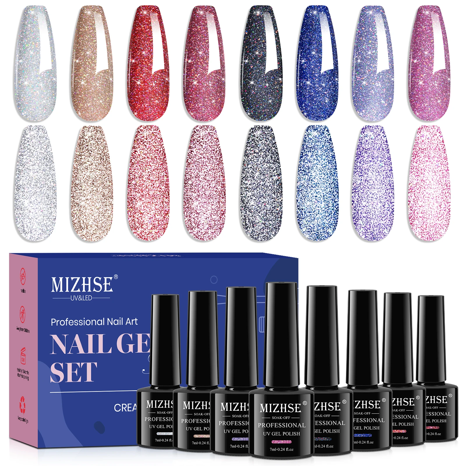 MIZHSE 8-Farben-reflektierendes Gel-Nagellack-Set, Glitzer-Pailletten-Gel für Maniküre, Nagelkunst, holografisches funkelndes UV-LED-Nagelgel