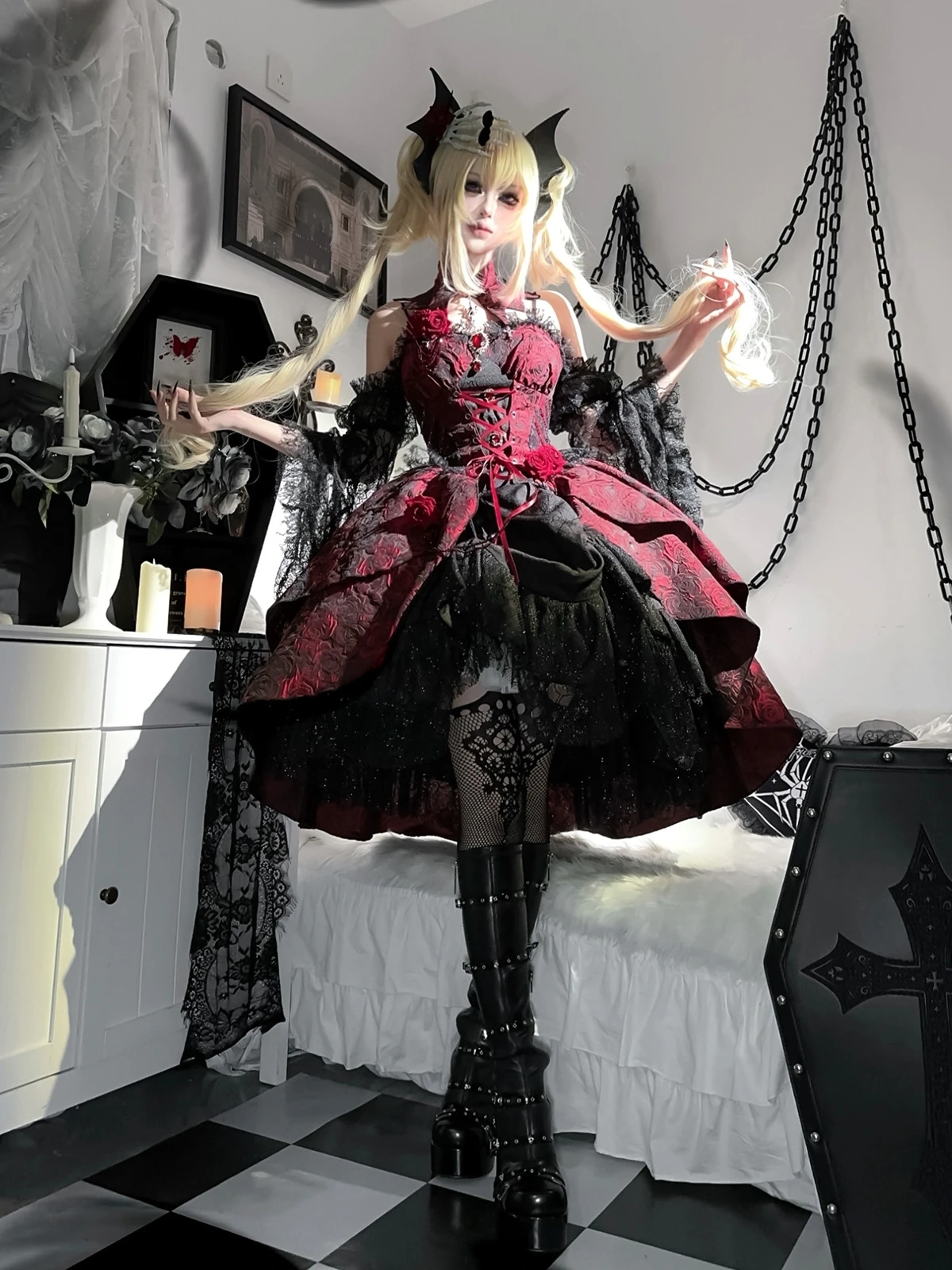 Originale Rose Jsk Lolita Palace Abito rosso nero con cinturino gotico Patch in pizzo Abito estivo Dobby Cake Ball Gown Gonna Vestido