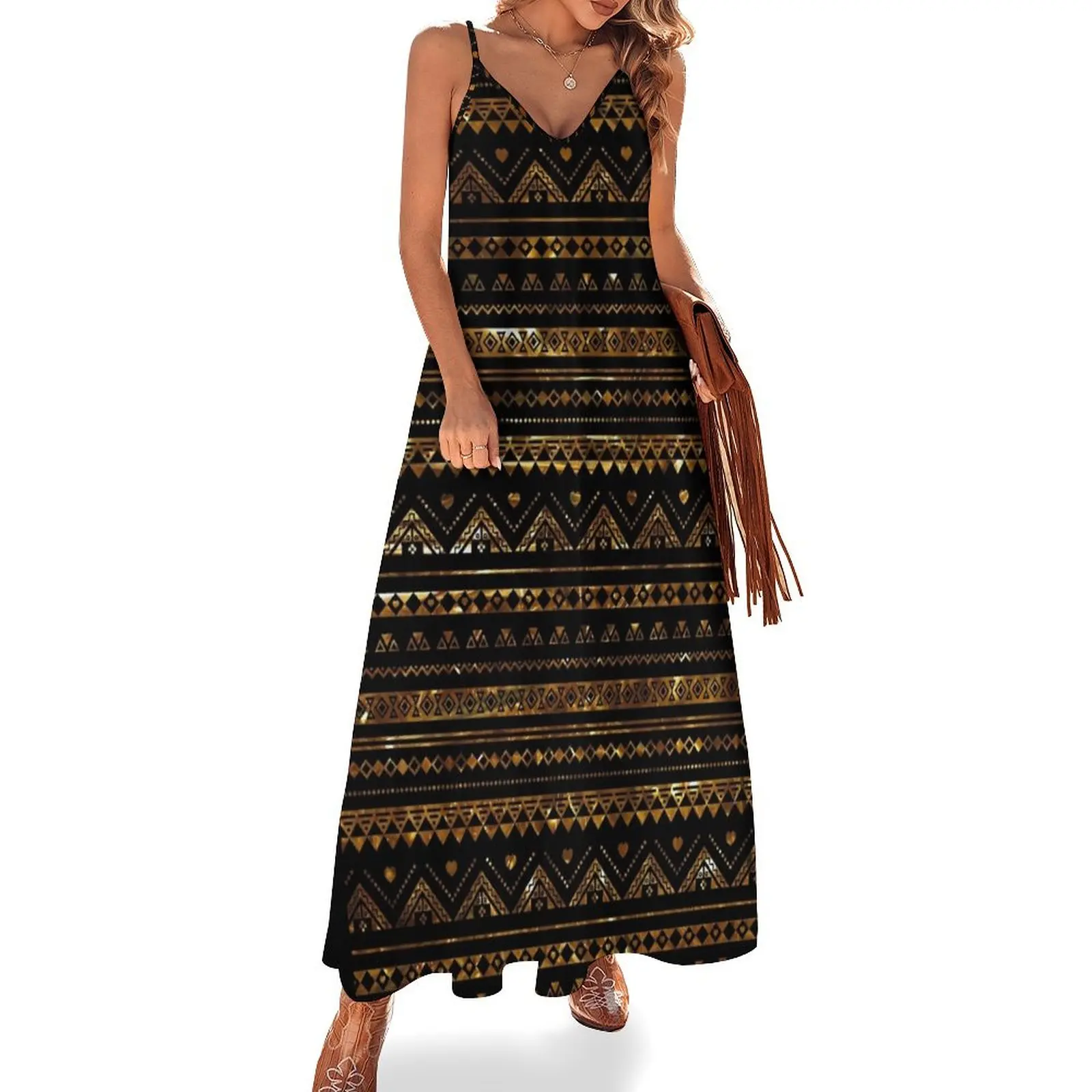 

Aztec Black Tinsel Gold Sleeveless Dress Prom gown dresses for women dress party night