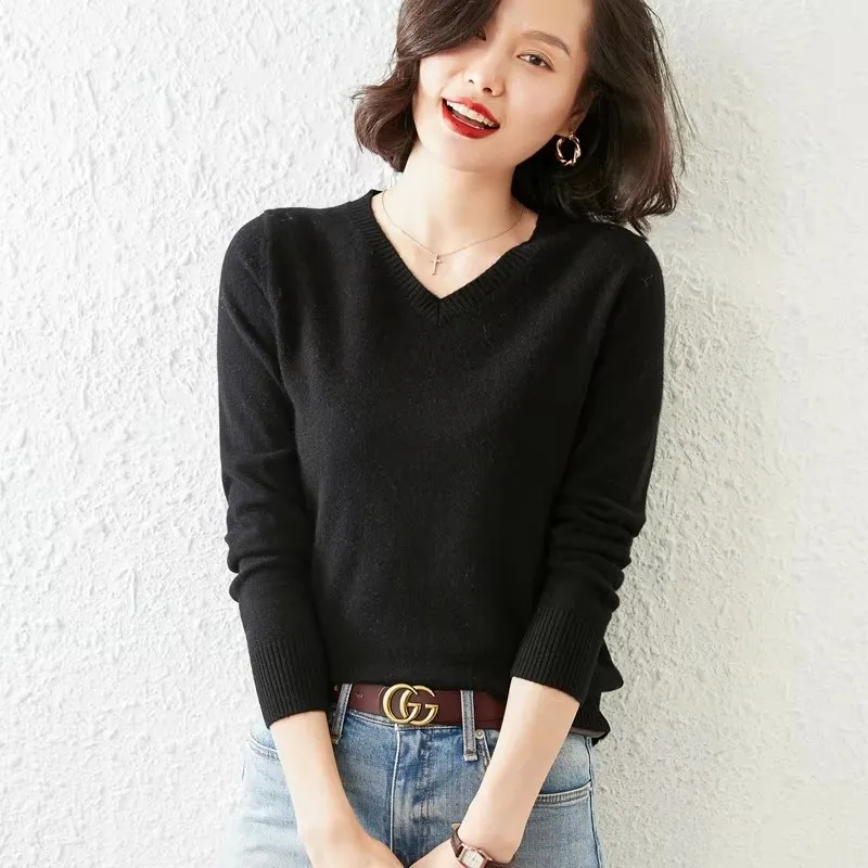 2023 Autumn Winter New 100% Cashmere Sweater Fashion Women Solid Color V-neck Sweaters Female Knit Cultivate Wild Pullovers