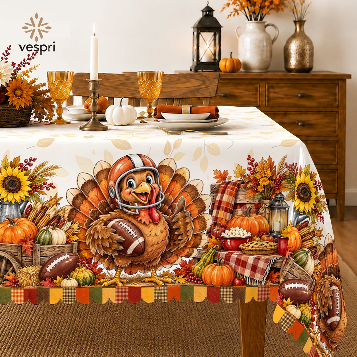 Harvest Tablecloth with Turkeys & Sunflowers for Indoor/Outdoor Camping decor, Rectangular/Round/Oval