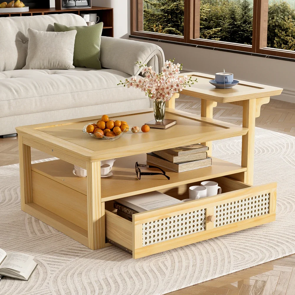 Modern Coffee Table,Coffee Table with 1 Storage Shelf,2 Tabletops and 1 Rattan Drawer for Living Room， Coffee Table，center Table