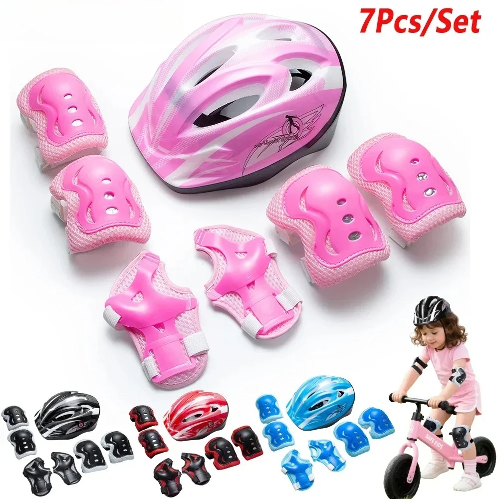 7Pcs/set Kids Protective Gear Set Hat + Knee Elbow Wrist Guards Comfort Safety Pads for Children Skateboarding Scooter Cycling