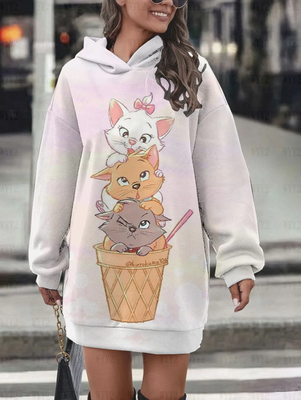 Disney-Robe à capuche imprimée Marie Cat, pull à manches longues, style de rue décontracté, jupe à capuche, automne, hiver, nouveau, 2024