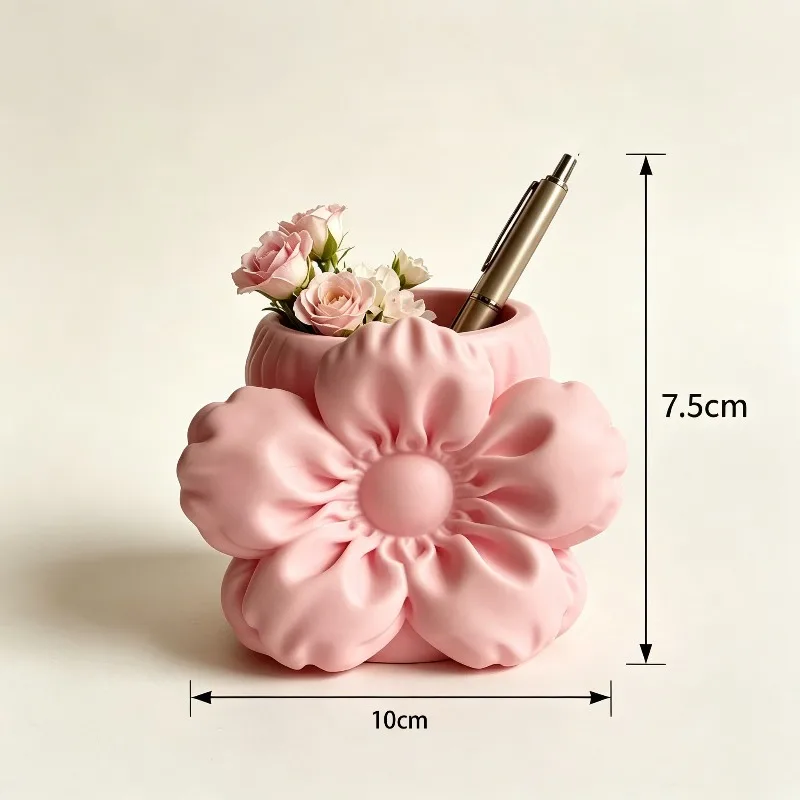 3D Printed Pink Flower Pen Holder Floral Desktop Organizer Mini Vase Brush Storage Table Cute Girls Home Decor