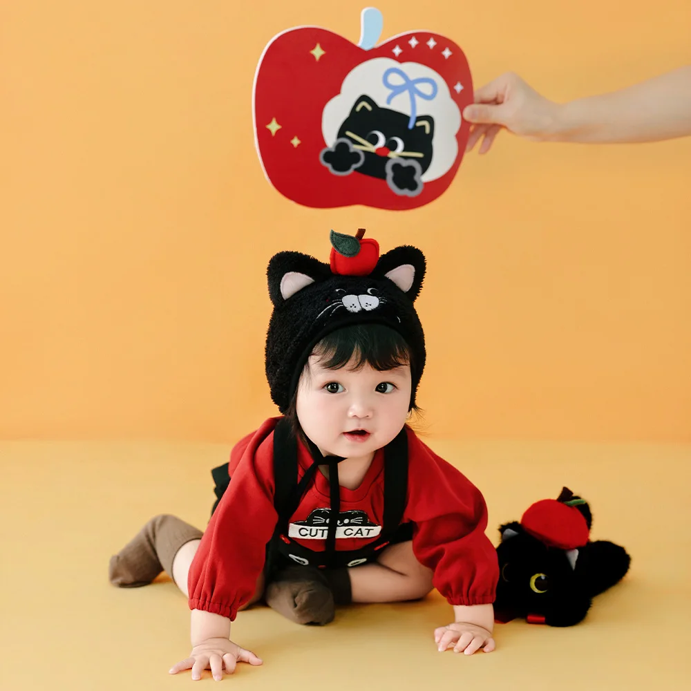 Meow Cat Theme Baby Photography Outfit&props Set Black Cat-Shape Photo Costume Plush Cat Props for Baby 100 Days Milestone Shoot