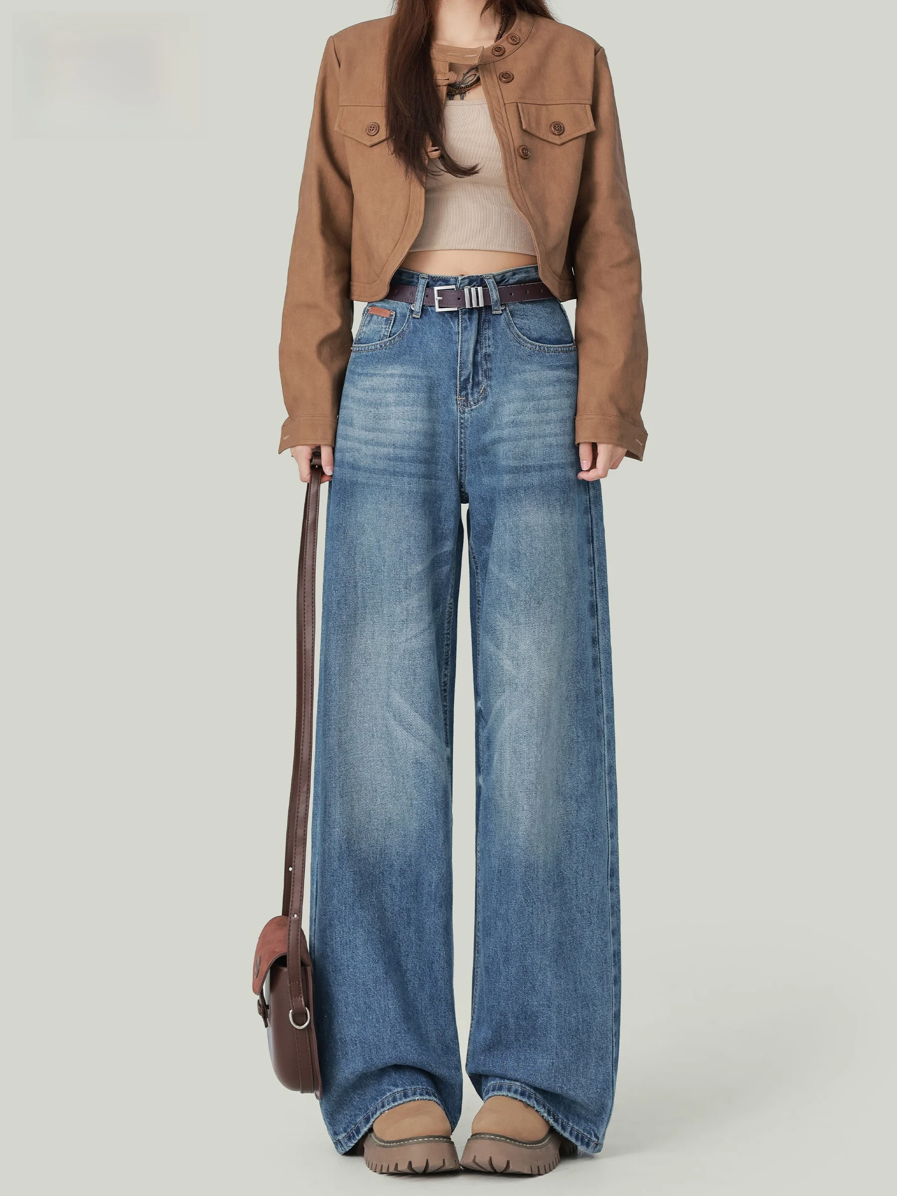 

Американские ретро-джинсы с высокой талией и широкими штанинами для женщин: свободные, стройнящие, струящиеся, прямые, длинные брюки в повседневном стиле, на пуговицах, из денима.