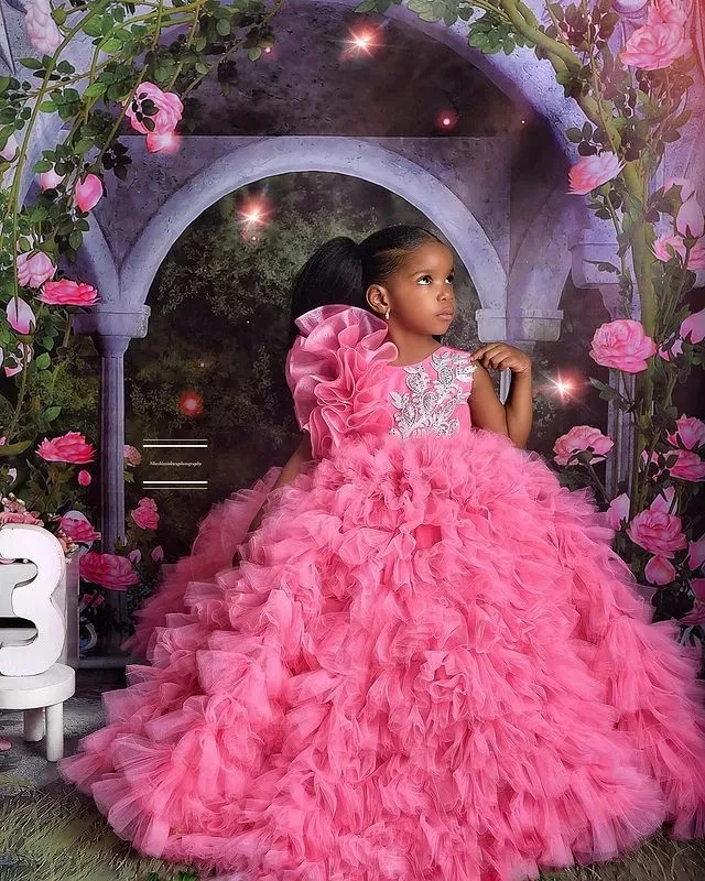 Pink African Flower Girl Dresses Ball Gown Ruffles Appliques Baby Little Girl Peageant Dress Gowns For Black Girls Customized