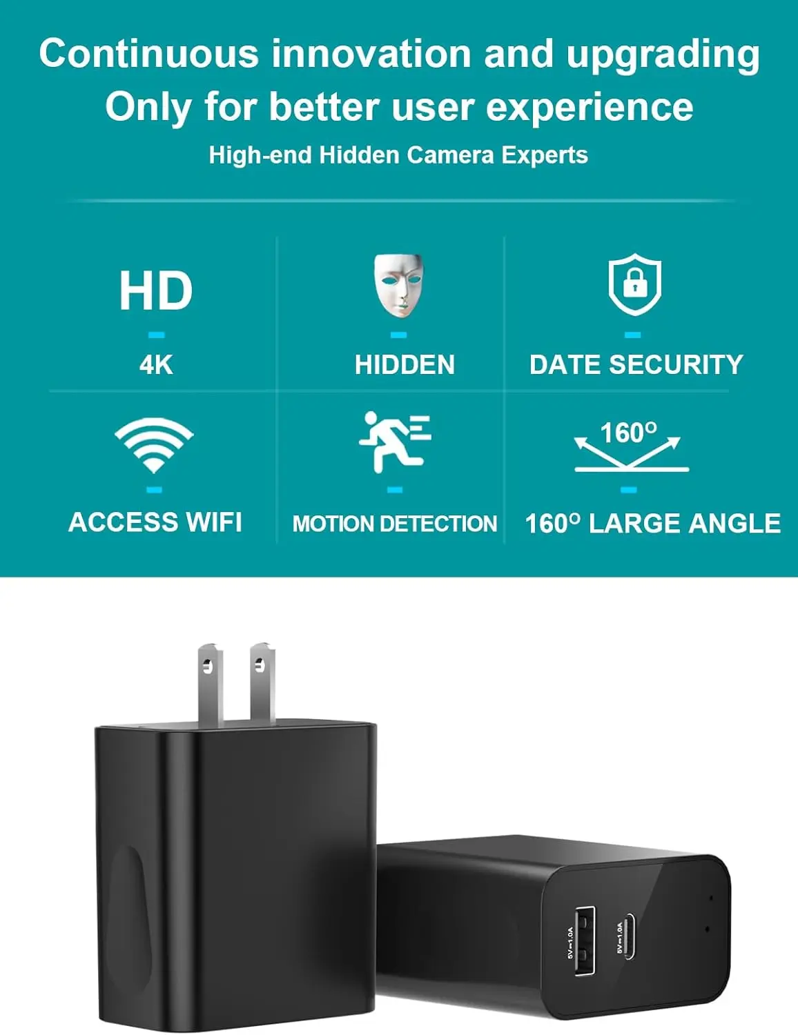 160° Wide Angle 4K HD Charger Camera with Motion Detection, App Remote Control and 24/7 continuou.