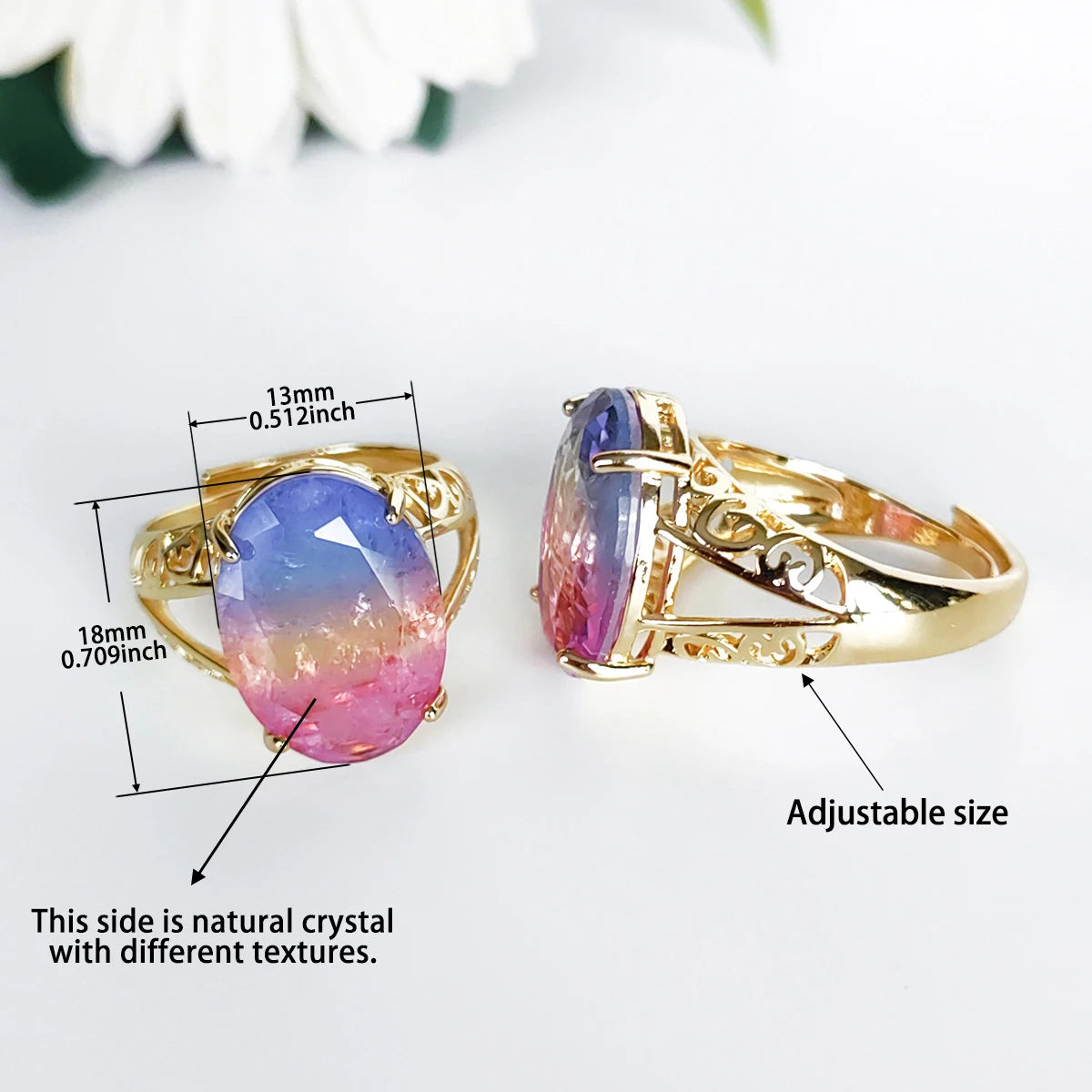 N18 Pink yellow blue gradient oval gemstone crystal fusion stone back is natural crystal stone front is crystal stone ring