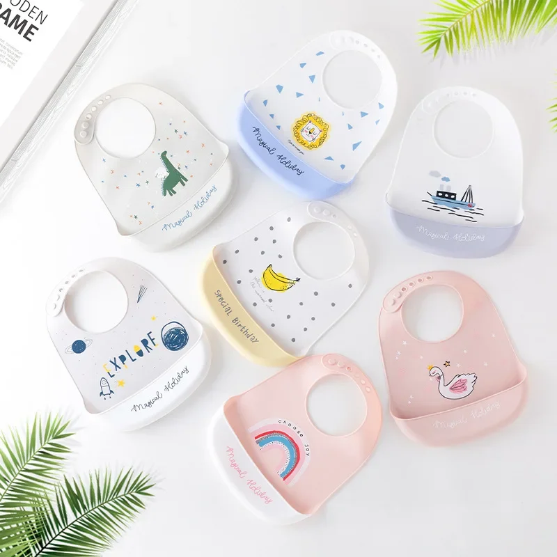 Cartoon baby bib Waterproof silicone Three-level adjustable Suitable for feeding and playing Multiple patterns available