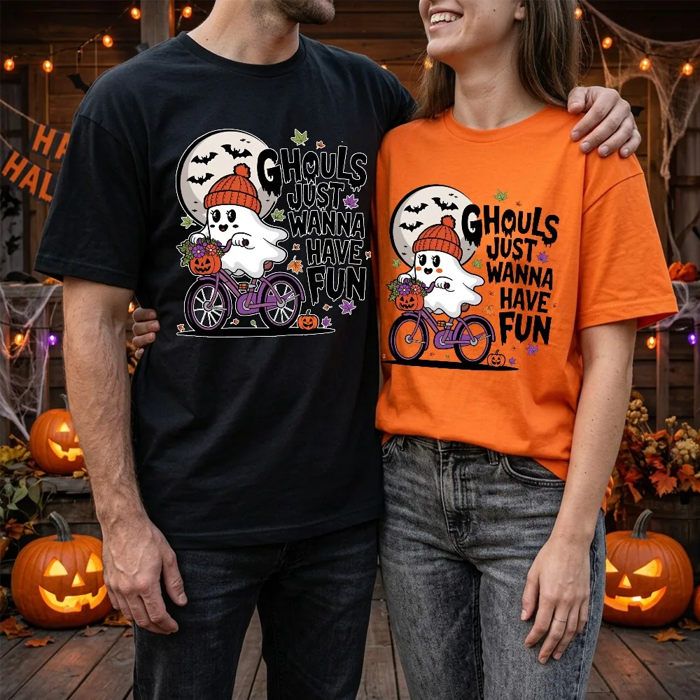 Ghouls Just Wanna Have Fun T Shirt Unisex Cotton Ghost Bicycle Graphic Printed Tee Women Men Spooky Season Halloween T-Shirt
