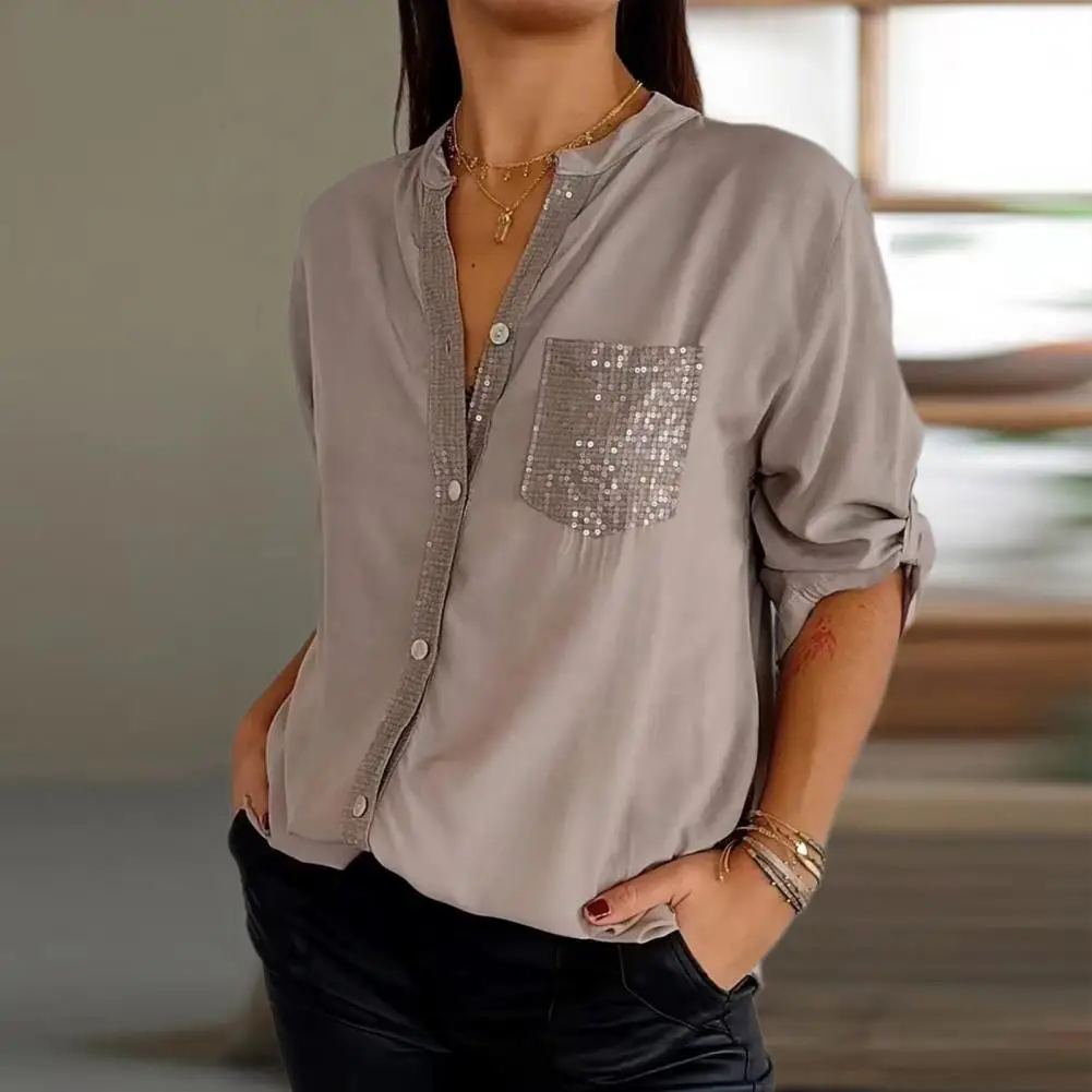 Women Shirt Gift Stylish Women's Sequin Embellished Stand Collar Shirts Roll-up Sleeve Tops Button Cardigan Sunscreen Shirt