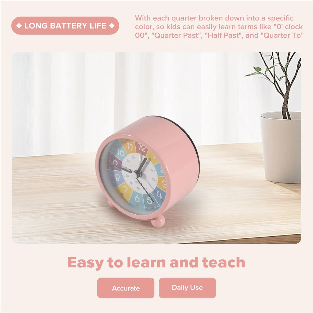 WDL Educational Wall Clock for Kids Learning Time, Silent Non-Ticking Decorative Clock for Classrooms or Bedrooms Pink