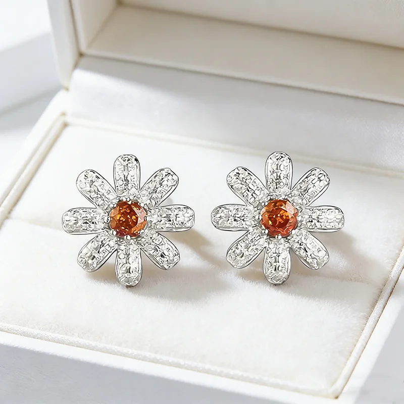 2026 new light luxury white gold and platinum PT950 sunflower 4.0mm Fanta orange earrings medieval palace style earrings