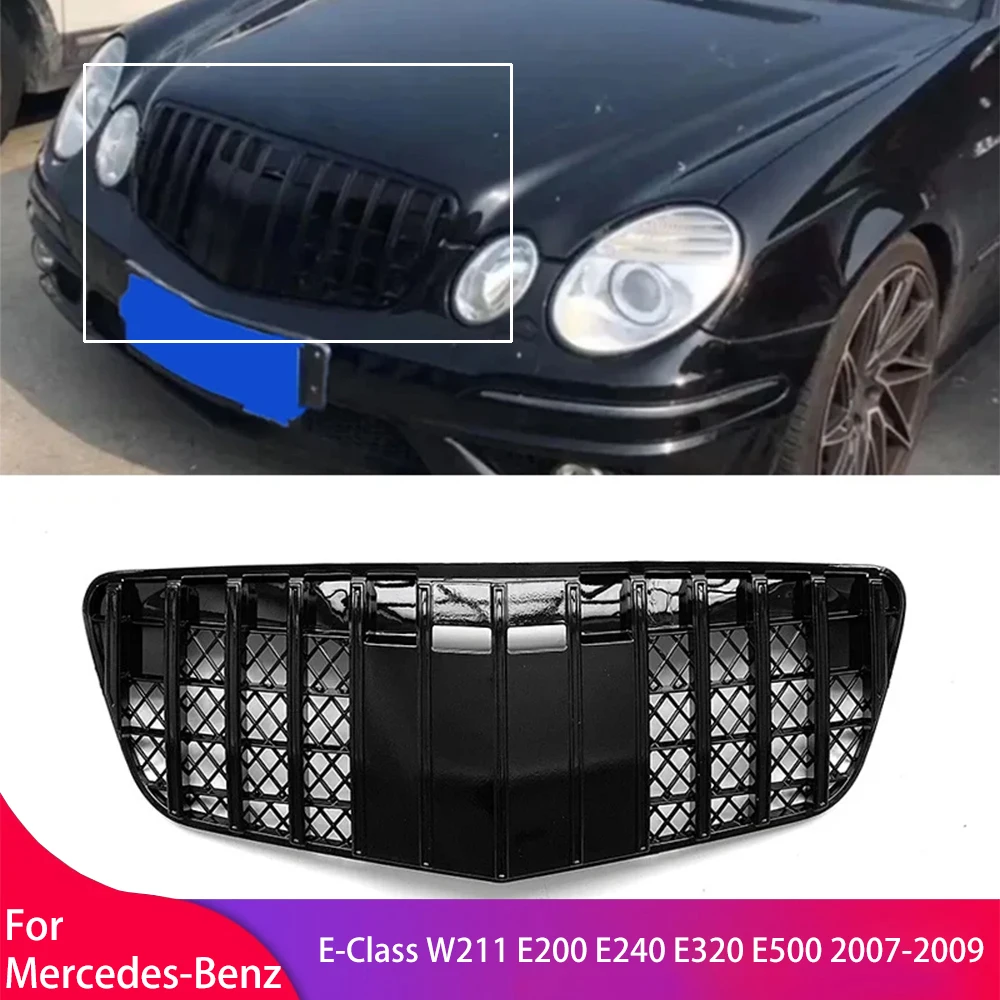 Front Bumper Grille Grills For Mercedes-Benz E-Class W211 E200 E240 E320 E500 2007-2009 Hood Mesh Grill Bright black