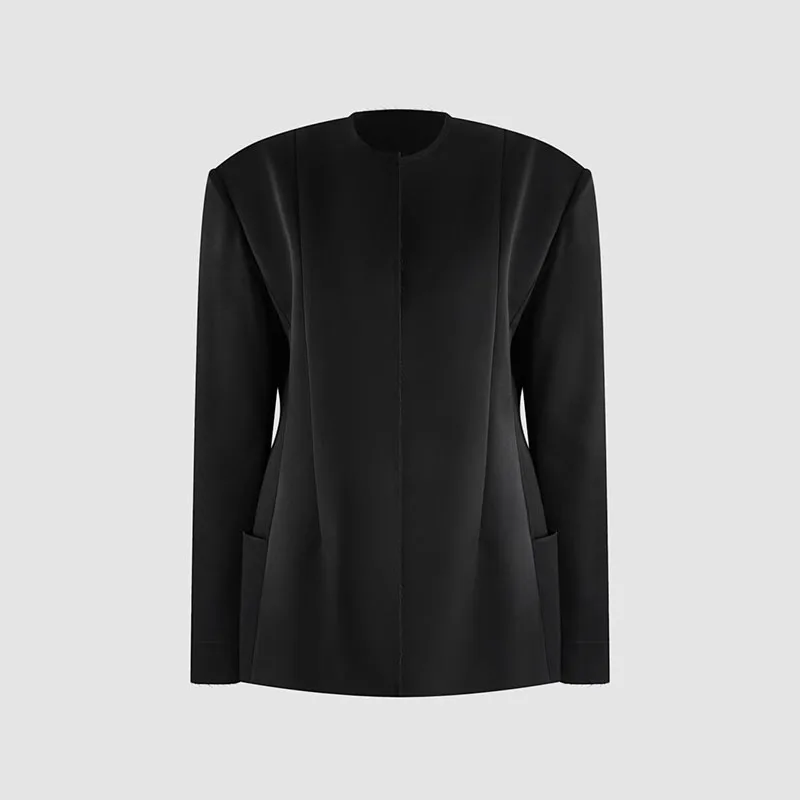 Women's Black Fitted Blazer, Loose-Fitting Casual Round-Neck Long-Sleeve Jacket, High-Quality Coat, 2026, New Arrival, Y2K
