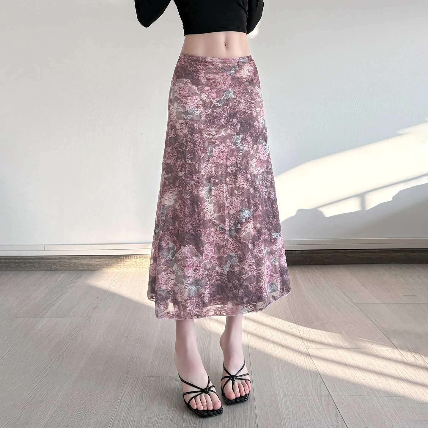 

SUCHCUTE Vintage Lace Floral Print Low-Waist Skirt Women's Vacation Casual A-line Skirts Harajuku Straight Skirt Summer Clothes